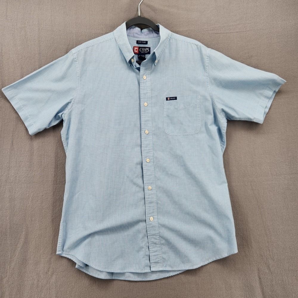 Chaps Mens Blue White Micro Check Short Sleeve Easy Care Button Down Shirt L